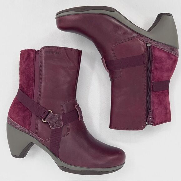 Merrell Evera Fade Wine Burgundy Suede Leather Zip Block Heel Ankle Booties 7.5 - Picture 3 of 12